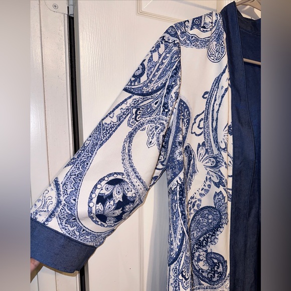 Womens Jacket Reversible Blue White Paisley Open Bohemian Short Cuff Sleeves - Picture 4 of 8